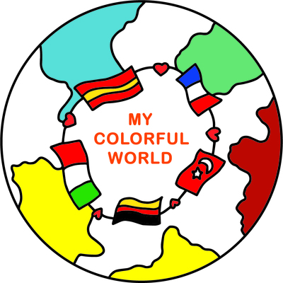 logo du projet "my colorful world" représentant la planète avec 5 continents de 5 couleurs différentes et les drapeaux des 5 pays du projet (France, Turquie, Allemagne, Italie et Espagne)